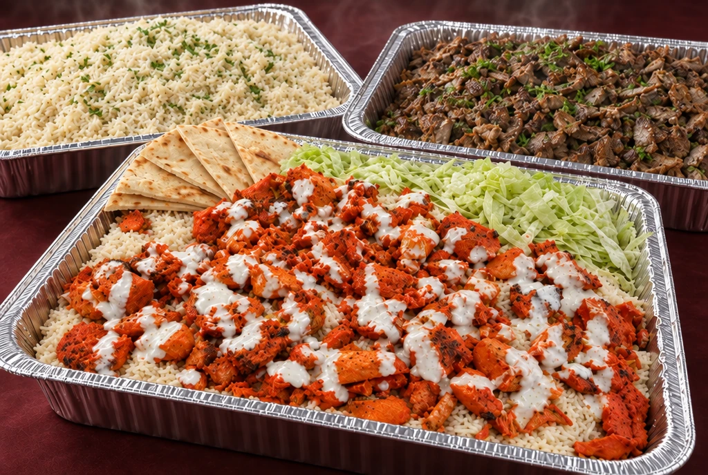 Catering spread with off-white rice, chicken and lamb
