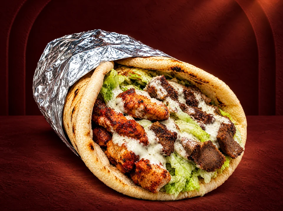 Mixed chicken and lamb gyro in warm pita